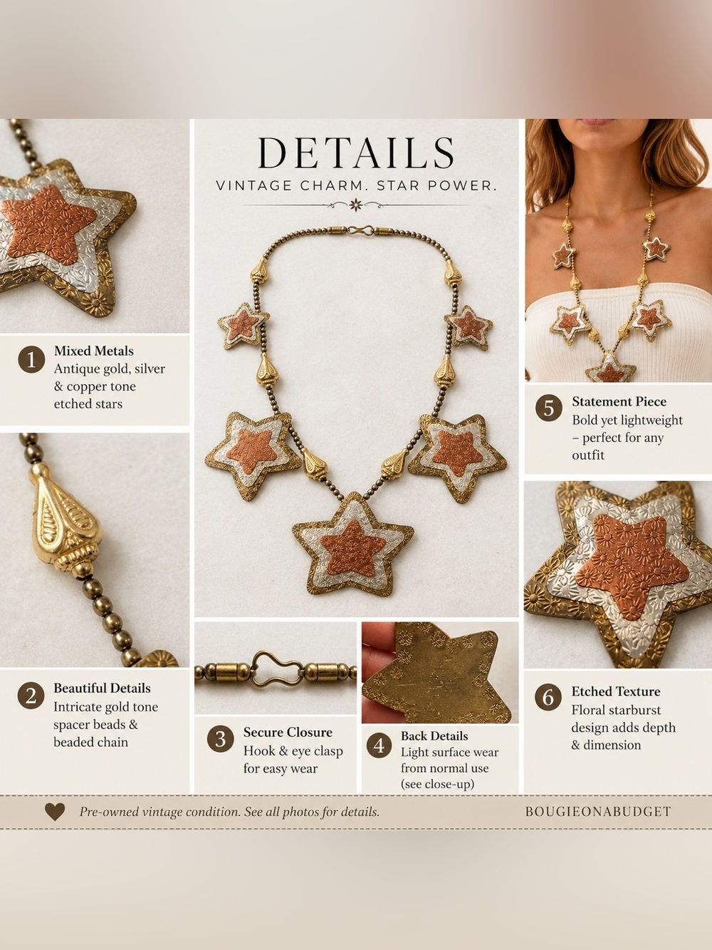 Artisan Mixed Metal Star Statement Necklace Southwestern Boho Western OOAK (0009 - Picture 3 of 9